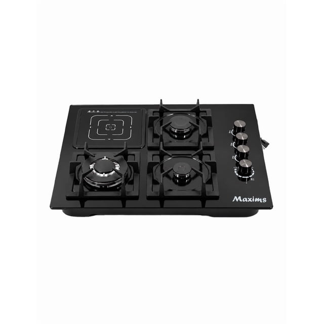 Parrilla Híbrida para Empotrar 3 Quemadores a Gas y 1 Zona Vitrocerámica Cristal Negro Templado 56cm 110V Maxims Gas LP y Natural