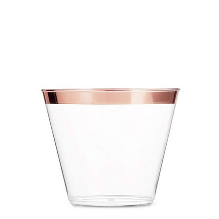 100 Rose Gold Plastic Cups 9 Oz Clear Plastic Cups Old Fashioned Tumblers Rose Gold Rimmed Cups Fancy Disposable Wedding Cups Elegant Party Cups with Rose Gold Rim