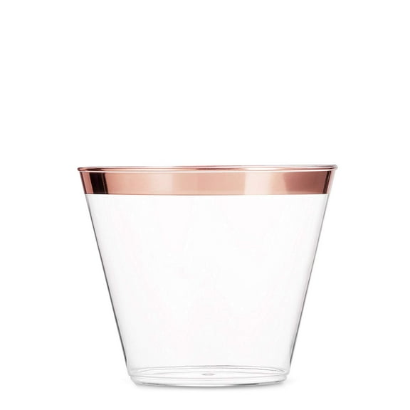 100 Rose Gold Plastic Cups 9 Oz Clear Plastic Cups Old Fashioned Tumblers Rose Gold Rimmed Cups Fancy Disposable Wedding Cups Elegant Party Cups with Rose Gold Rim
