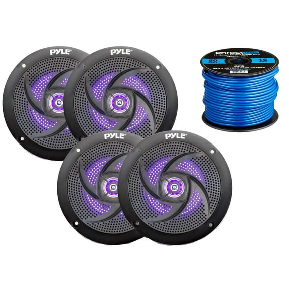 4x Pyle Marine 4" 2-Way Waterproof Black LED Low Profile Slim Style Speakers, 16-Gauge 50 Foot Tinned Speaker Wire
