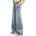 thumbnail image 2 of XIMIN Girls Baggy Wide Leg Jeans High Waisted Elastic Vintage Denim Pants Ripped Cargo Style for Kids Hip Hop School with Pockets (Blue, 3-4 Years), 2 of 9