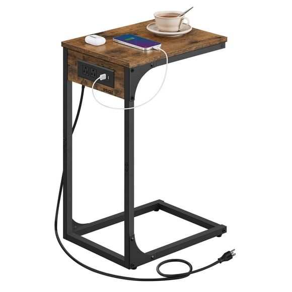 Mesa auxiliar VASAGLE en forma de C con estación de carga, color marrón rústico