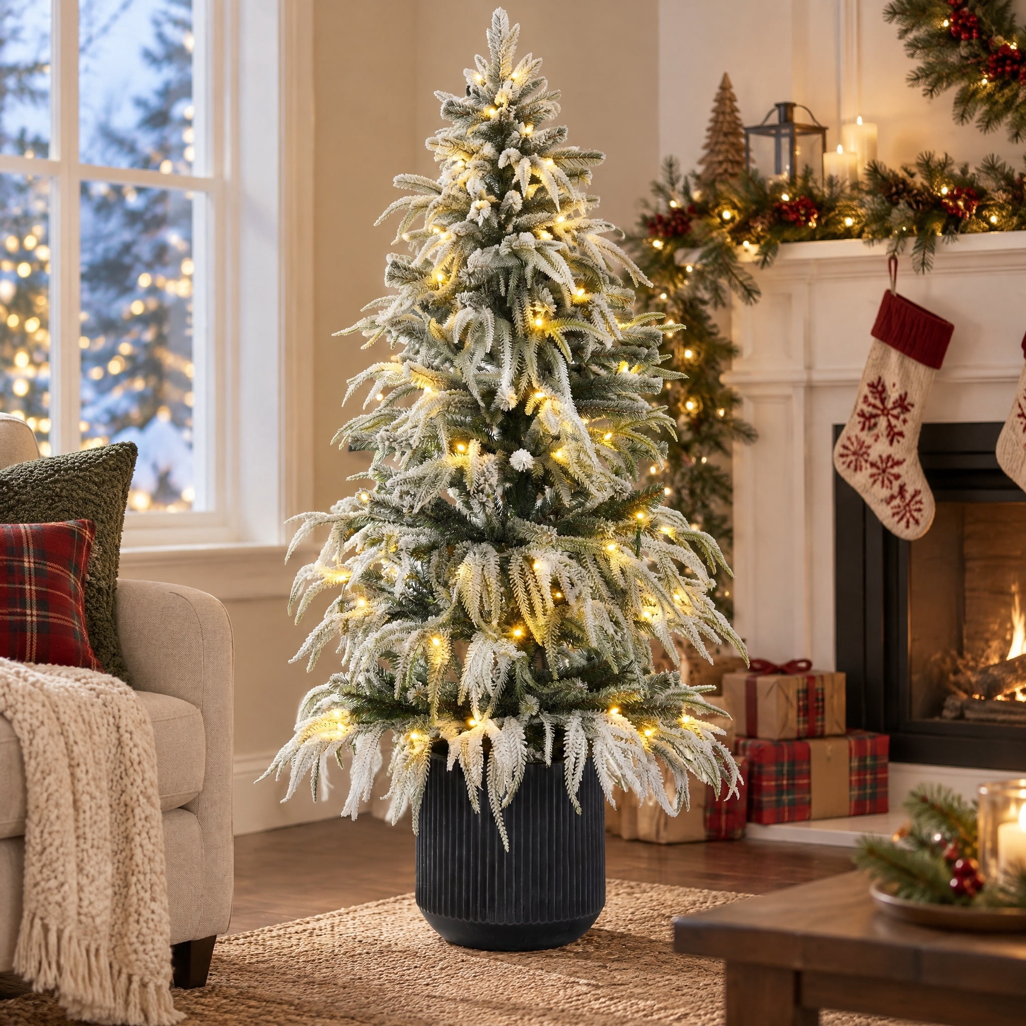 4' Pre-Lit Snow-Flocked Green Artificial Potted Christmas Tree with 70 Warm White LED Lights, by Holiday Time