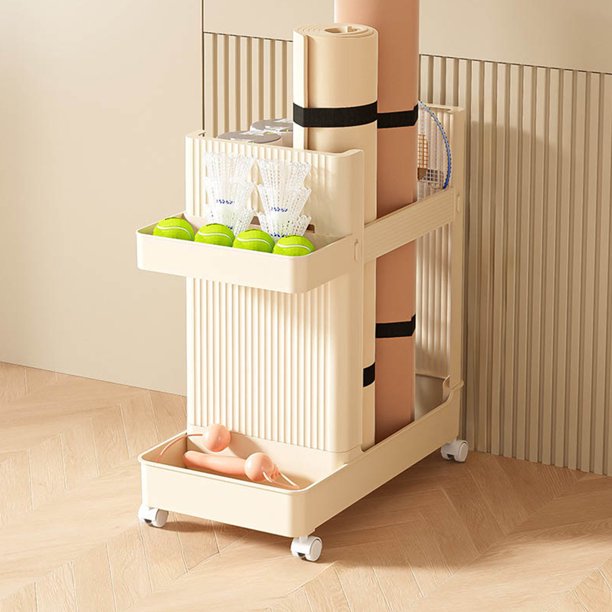 Cesta de almacenamiento de varios niveles | Organizador de esterillas de yoga y equipo deportivo | Estante modular de plástico para casa y garaje | Negro, beige y blanco