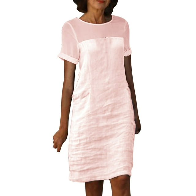 Robes en Lin pour Femmes Grande Taille Été Décontractées à Manches Courtes Robe T-Shirt Col Rond Plage Mi-Longue Rose, TG