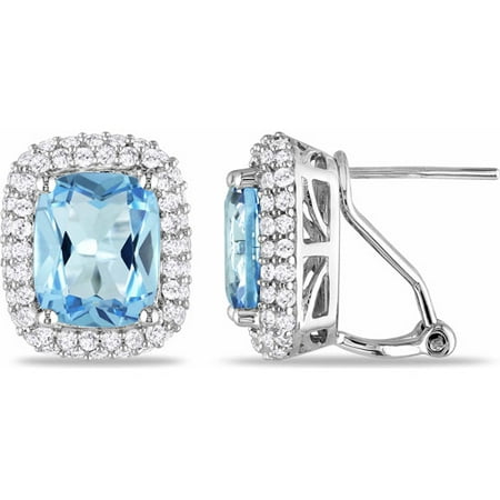 9-1/10 Carat T.G.W. Cushion-Cut Blue Topaz and Created White Sapphire Sterling Silver Clip-Back Earrings