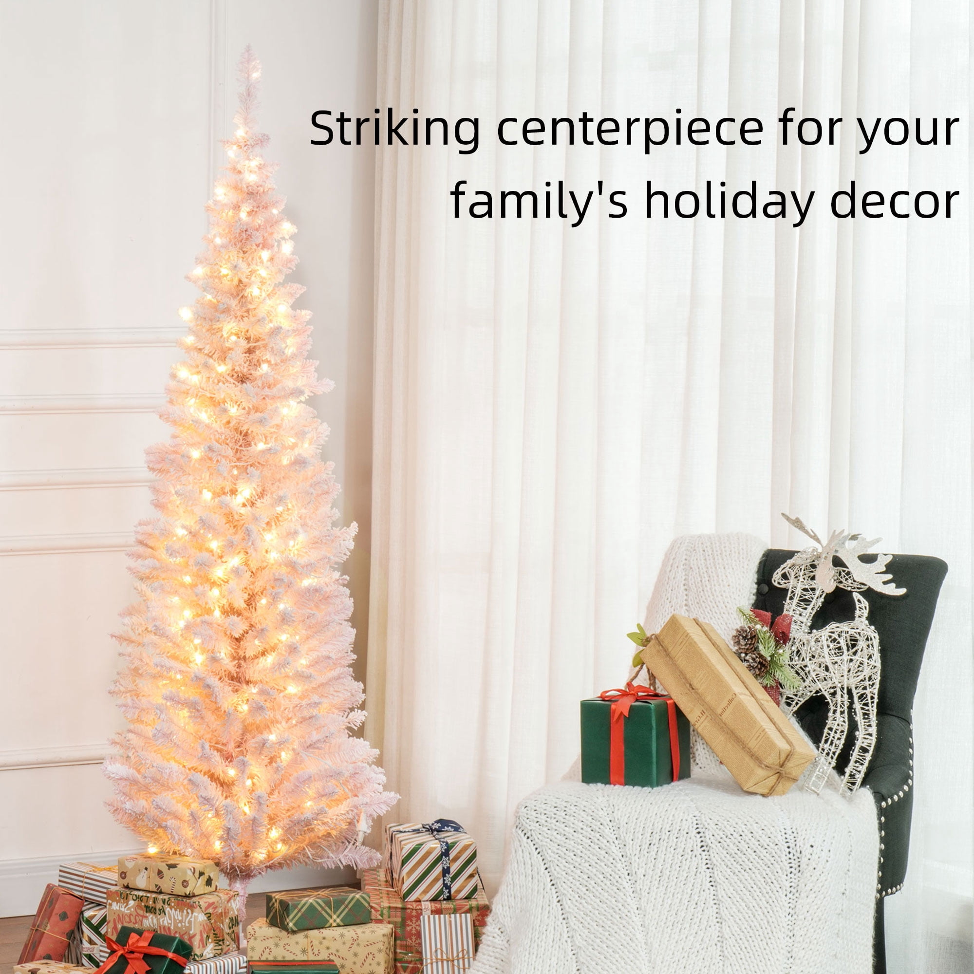 6FT Pink Slim Pencil Artificial Christmas Tree, 390 Tips 170 Warm White LEDs, Section Design, Flame Retardant Sturdy Base, Indoor Holiday Decor