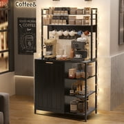MAGIC UNION Black Bakers Racks Kitchen Microwave Stand Cabinet with 10 Gallon Trash Can Bin Cabinet and Power Outlet, 6-Tiers Farmhouse Coffee Bar Table Station with 6 Hooks and Storage Shelf