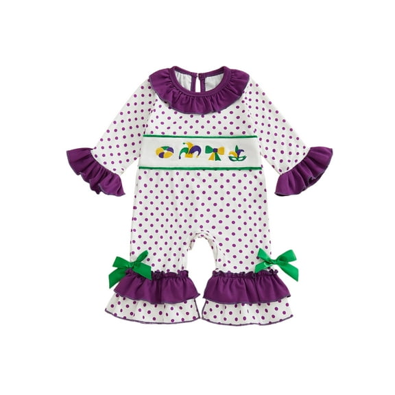 Spewahor Infant Baby Girl Carnival Casual Jumpsuit 0 3 6 12 18 Months Long Sleeve Doll Collar Dot Print Embroidered Bodysuit