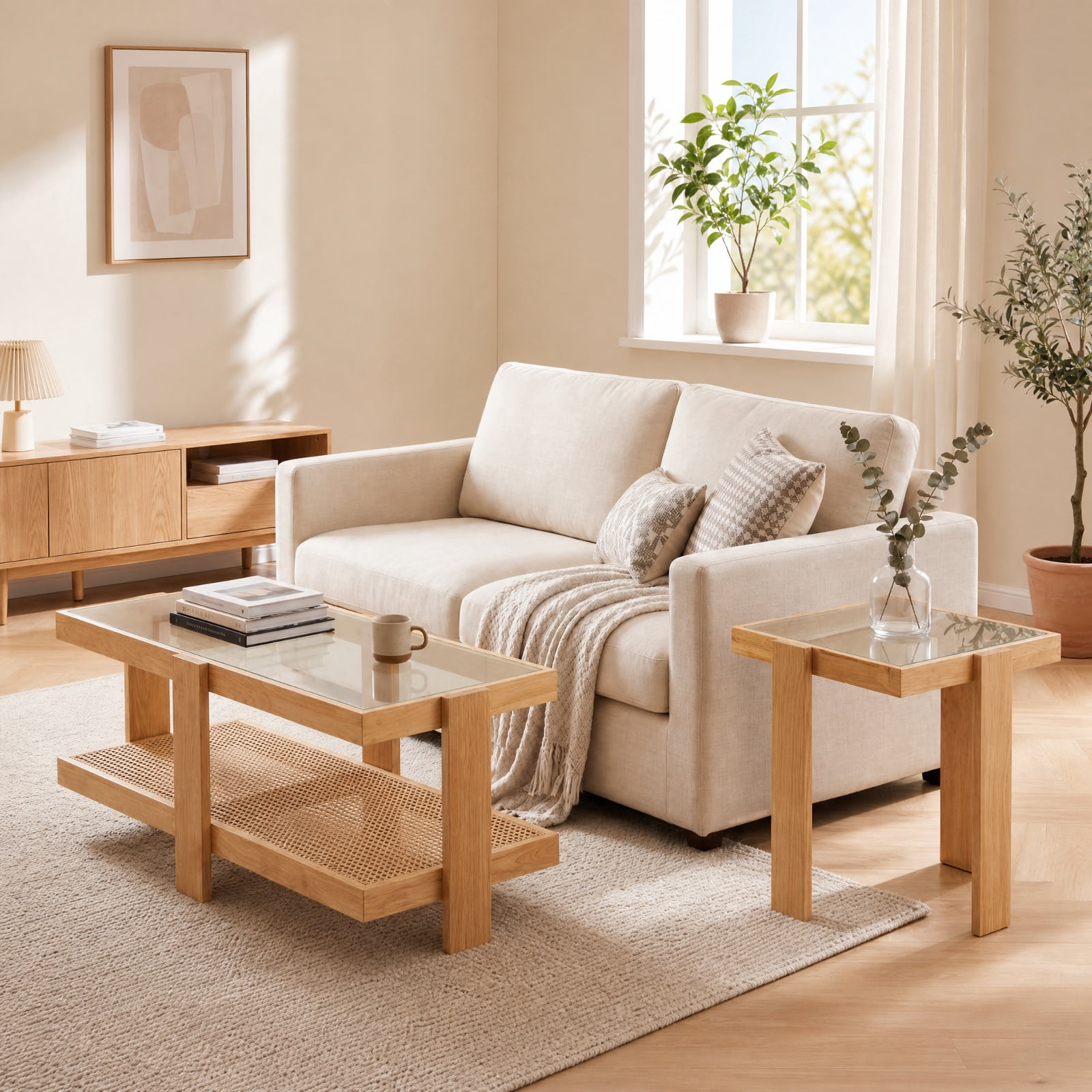 Furnibear Set of 2 Nesting Coffee Table with Tempered Glass Top and Boho Rattan Storage Shelf for Living Room for Home and Living Space, Natural