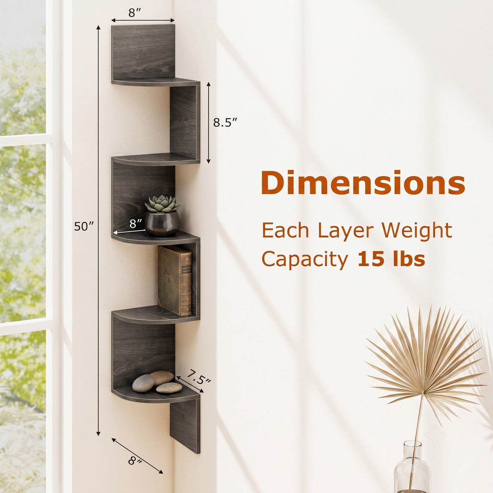 Furnibear 5-Tier Corner Shelf Floating Bookshelf, Wall Mounted Storage Organizer Display Rack for Books Plants Photos, Space-Saving Engineered Wood Corner, Oak
