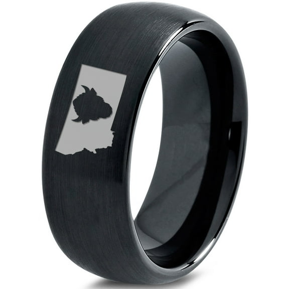 Tungsten Montana The Treasure State Bison Band Ring 8mm Men Women Comfort Fit Black Dome Brushed Polished