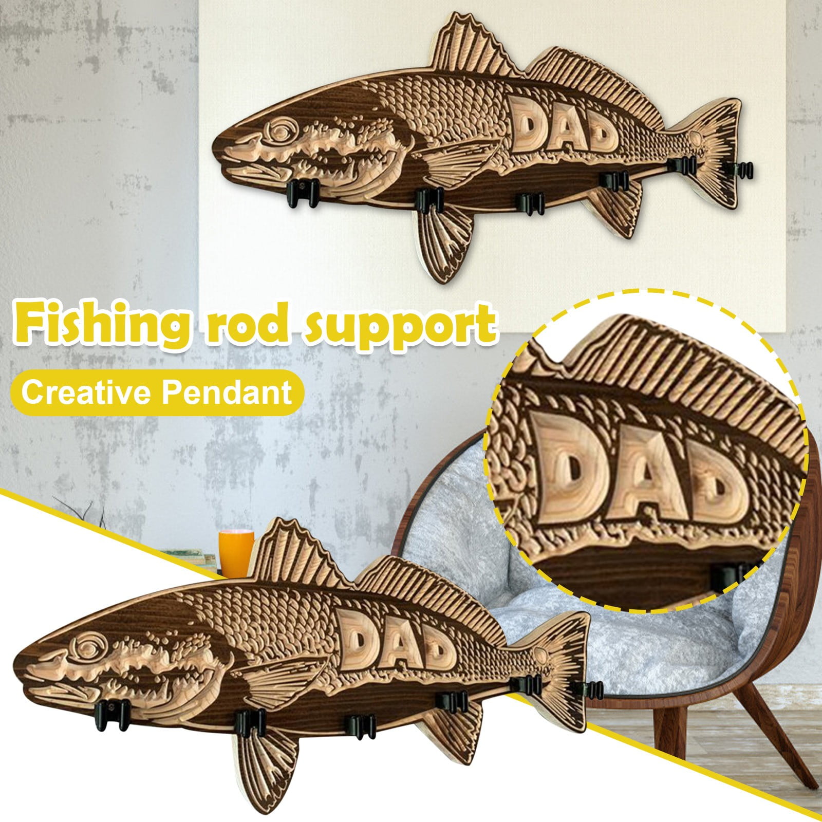 Fathers Day Wood Large Mouth Bass Fishing Rod Holder, Largemouth Bass  Redfish Salmon Fishing Rod Holder Wall Mounted Wood Fishing Pole Storage  Rack, , Best Gift for Father's Day and Birthday 