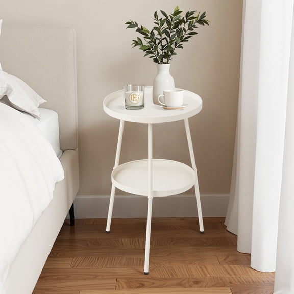 HaloHarness Outdoor Side Table, 2 Tier End Table Metal Round Coffee Tables Nightstand for Small Spaces Indoor Outdoor and Living Room Bedroom or Office,Cream White