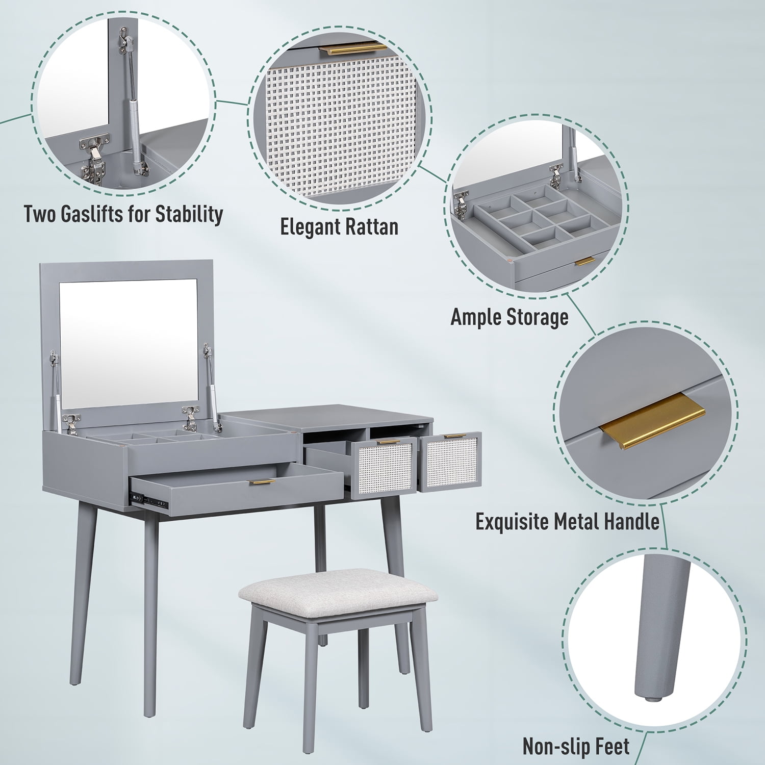 Resenkos 43.3" Classic Wood Makeup Vanity Set with Flip-top Mirror and Stool, Dressing Table with 3 Drawers, Gray Resenkos 43.3" Classic Wood Makeup Vanity Set with Flip-top Mirror and Stool, Dressing Table with 3 Drawers, Gray