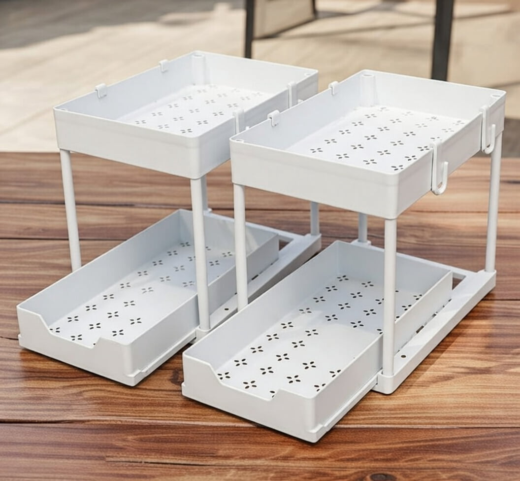 2-Tier Pull-Out Cabinet Organizer Sliding Storage Shelf - Under Sink or Kitchen Cabinet Organizer with Baskets and Hooks