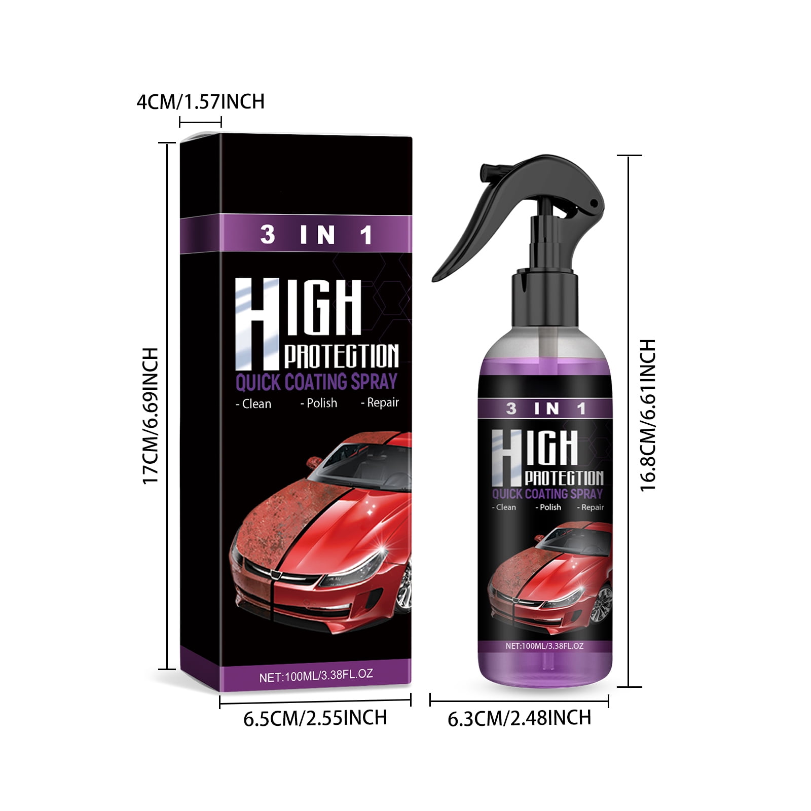 Alvantor 3 in 1 High Protection Hydrophobic Car Coating Spray, Ceramic Sealant, 3.38fl.oz