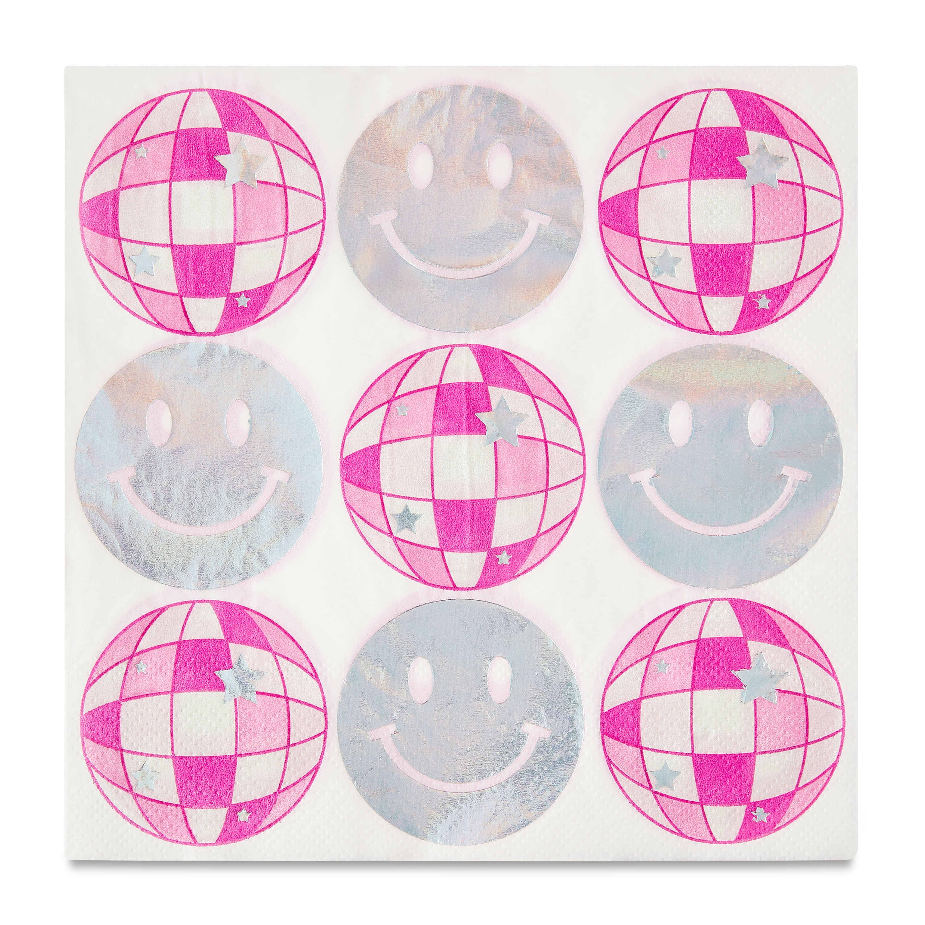 (12 pack) 6.5" x 6.5" Disposable Silver/Pink Disco Ball Paper Napkins, 16 Pieces, by Way To Celebrate