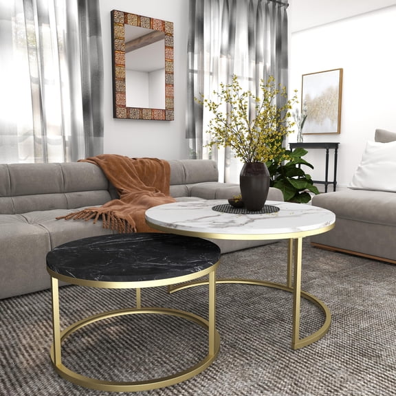 Whiteblack/Gold Nesting Coffee Table Set of 2, Round Marble-Top Tables
