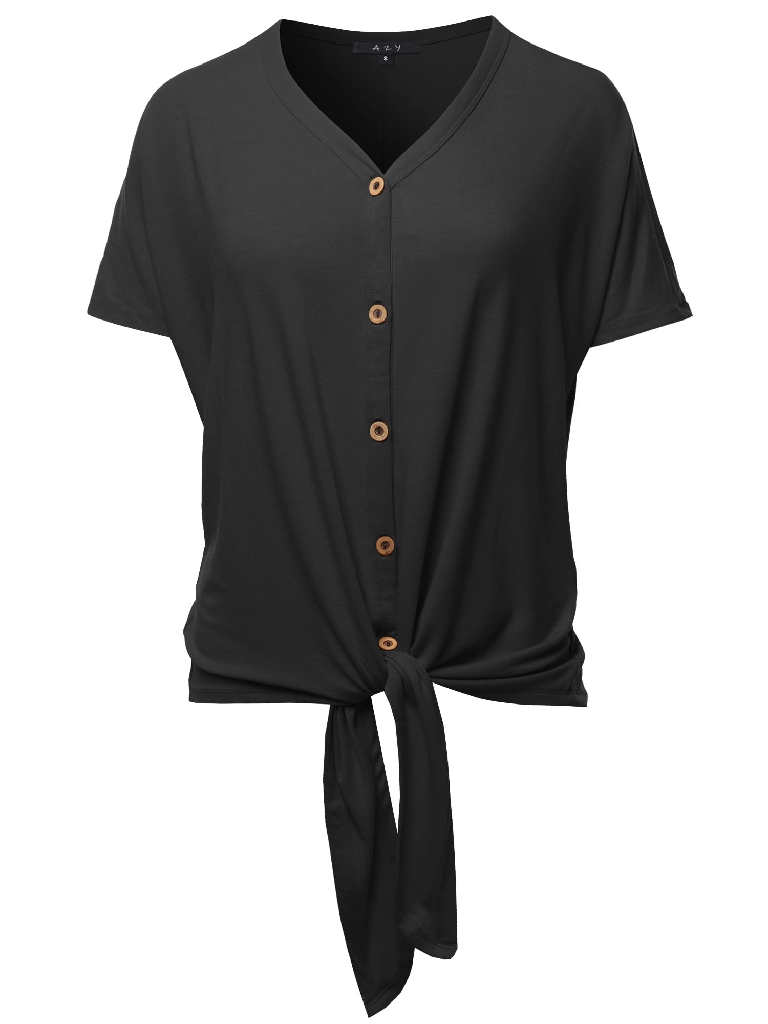 A2Y Women's Loose Fit Short Sleeve Button Down Front Tie Top Black 2XL