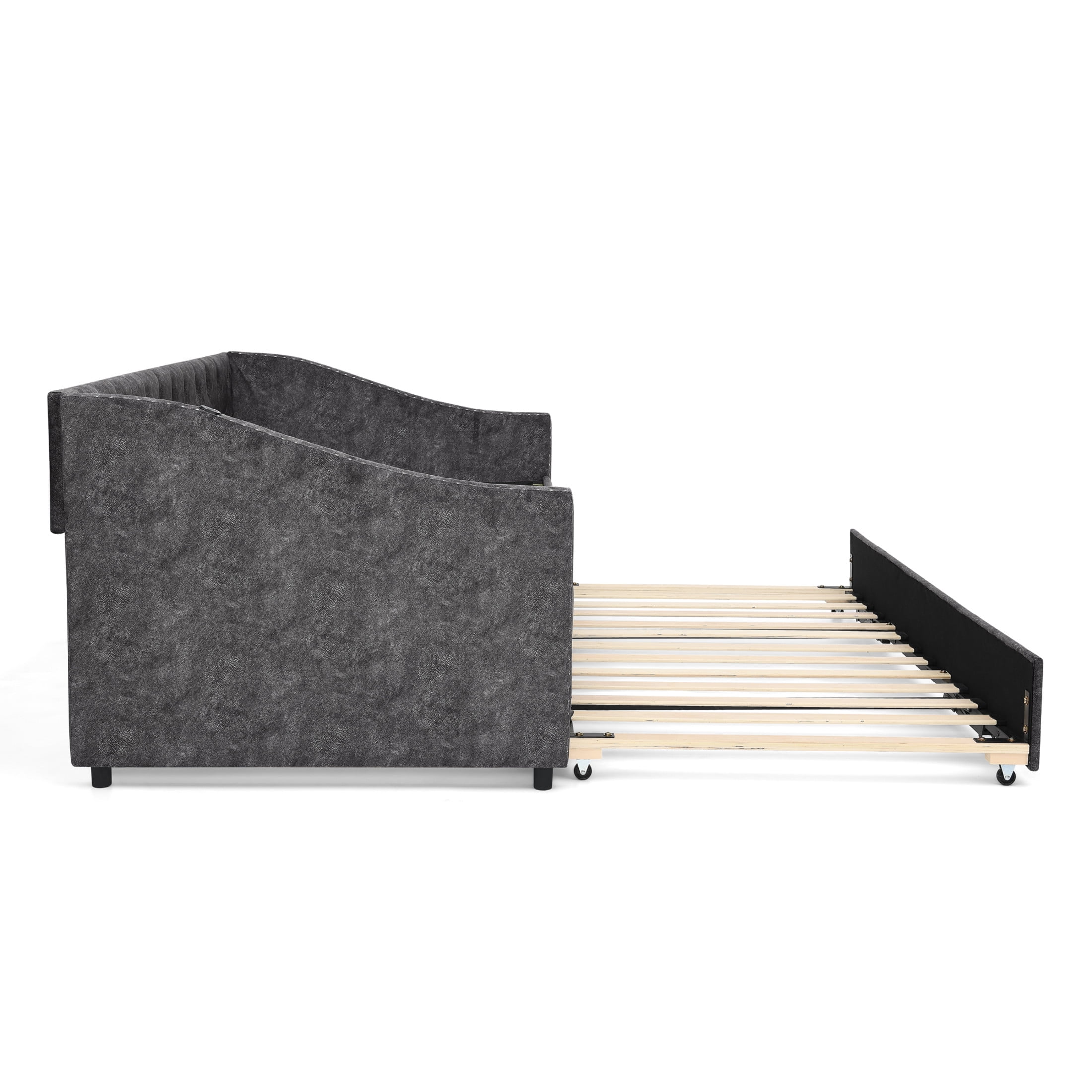Noble House Liza Twin Size Upholstered Tufted Daybed, Extendable Pull-out Double Bed Frame with Charging Port, Grey