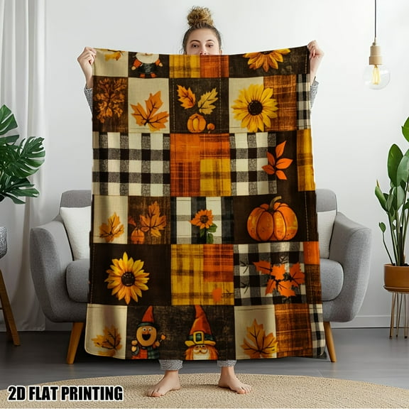 1pc Cozy Autumn Plaid & Sunflower Print Throw Blanket - Warm Brown/Orange/Beige/Black/White Checkered Design, Lightweight All-Season Soft Fleece Bedspread for Sofa, Bed, Camping, Travel - Contemporar