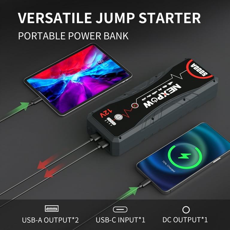 NEXPOW Car Jump Starter, 5000A Peak 28800mAh Battery Jump Starter for All  Gas and 12L Diesel Engine, 12V Portable Jump Box with Built-in LED  Light/USB QC3.0 