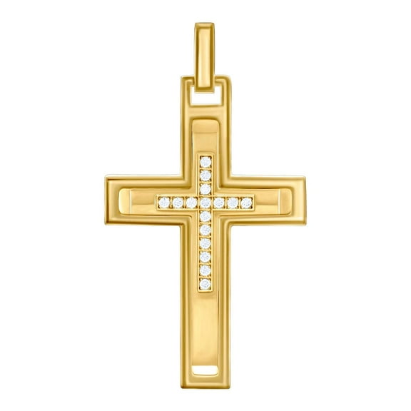 Stainless Steel Yellow-tone Mens Cubic Zirconia Cross Religious Charm Pendant Necklace for Men