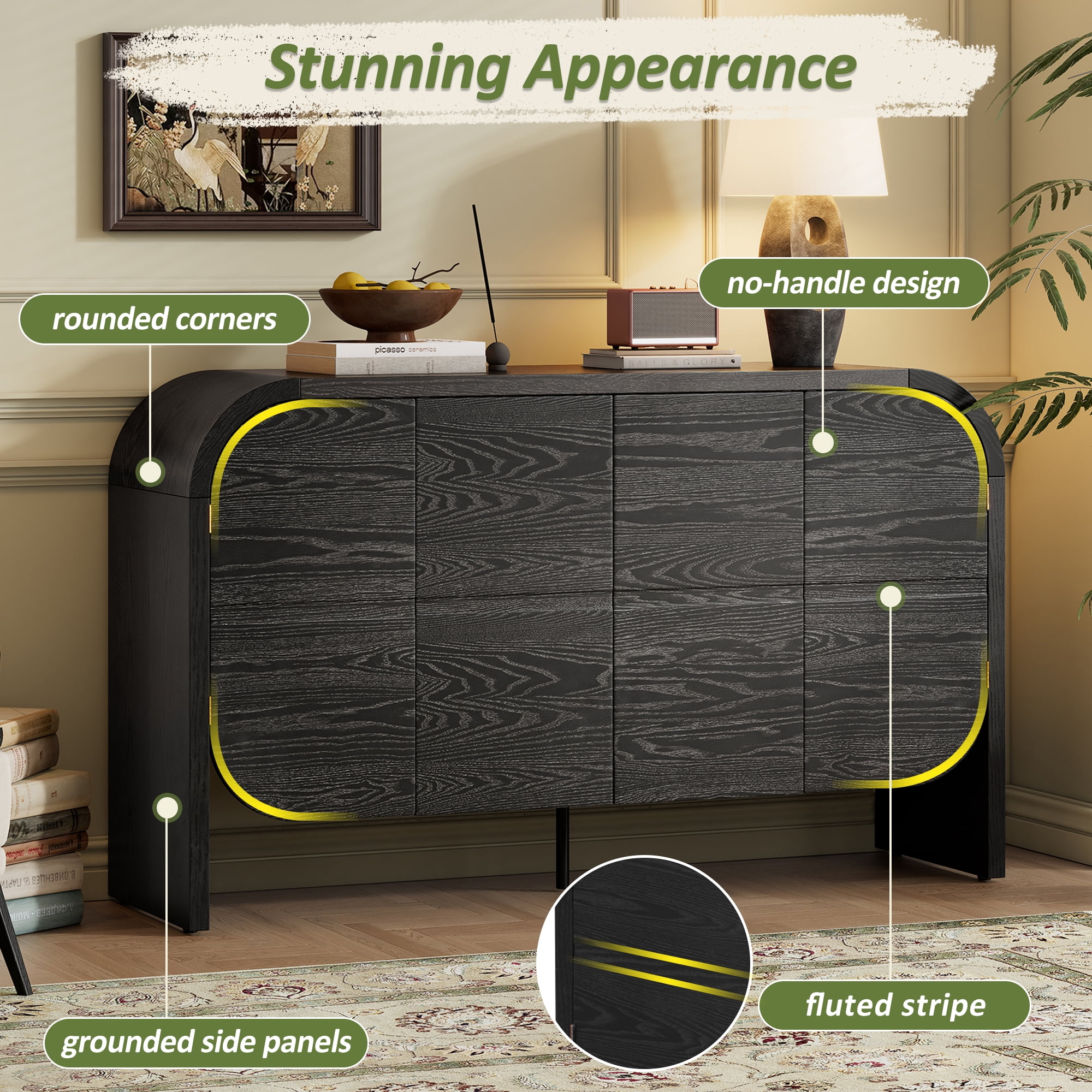 Aukfa Buffet Cabinet with 4-Door,Accent Cabinet Rounded Corners for Living Room Entryway,Black