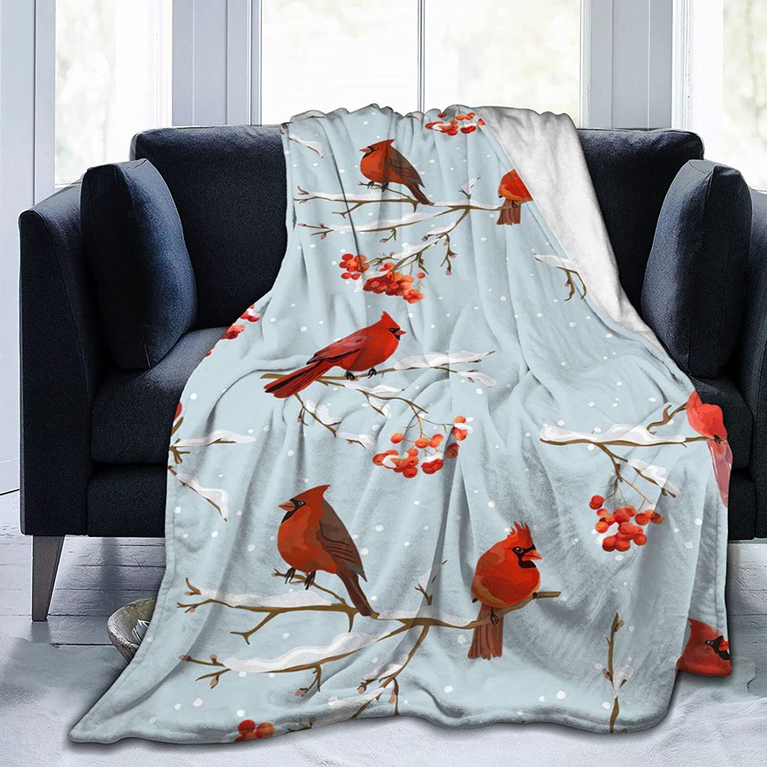 Christmas Red Birds Blanket Birds and Snow Throw Blanket Warm Soft Flannel Teal Print Blanket