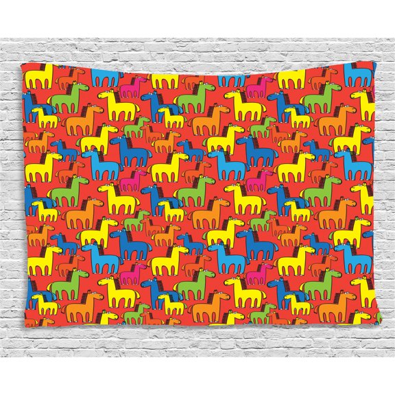 Horses Tapestry, Colorful Cartoon Stallion Characters Abstract Farm Animals Mane Silhouettes Doodle, Wall Hanging for Bedroom Living Room Dorm Decor, 80W X 60L Inches, Multicolor, by Ambesonne