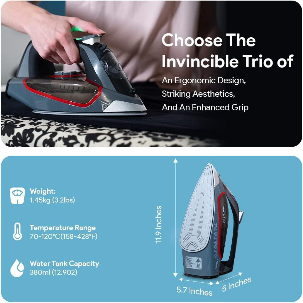 Bartnelli 1700W Pro Luxury Steam Iron for Clothes with Non Stick Ceramic Soleplate, Red, Steam Iron, Iron