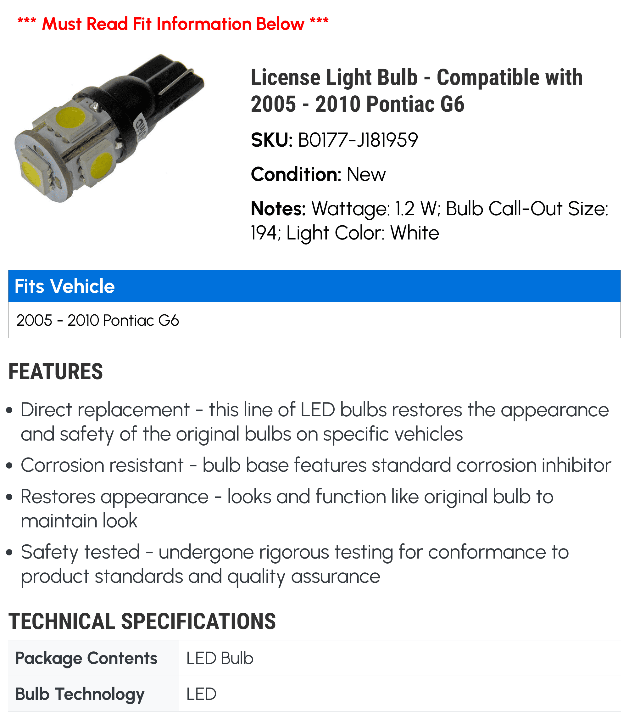 License Light Bulb - Compatible with 2005 - 2010 Pontiac G6 2006 2007 2008 2009