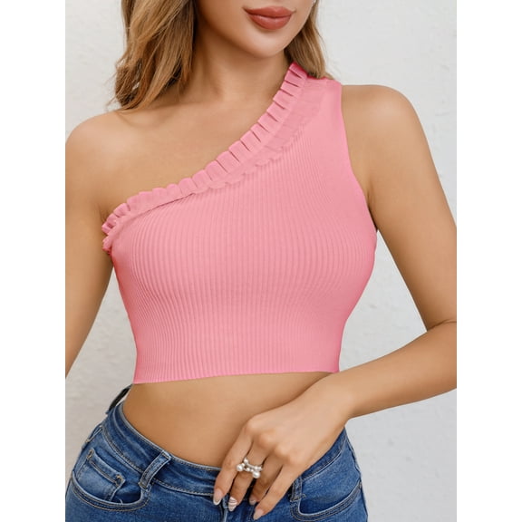 Womens Cute Ruffle One Shoulder 2024 Tank Top Knit Ribbed Trendy Sexy Summer Sleeveless Crop Tops