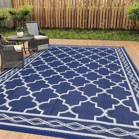 8x10 Ft Outdoor Rug Patio Non Slip Stain Resistant Vintage Trellis Navy and White