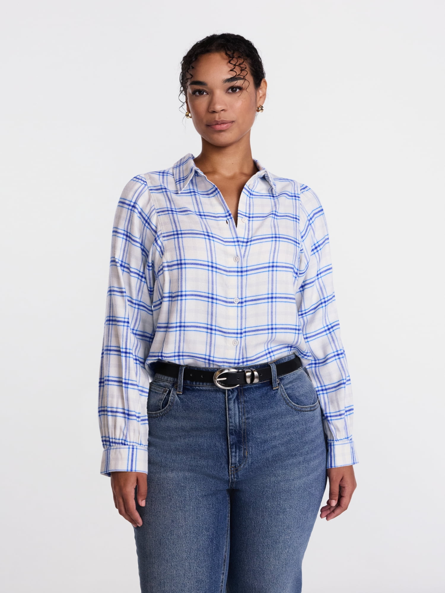 Scenario Women's Plaid Shirt with Long Puff Sleeves, Sizes XS-XXXL