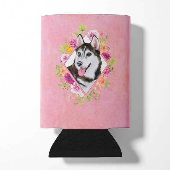 Carolines Treasures CK4151CC Siberian Husky Design1 Pink Flowers Can or Bottle Hugger Can Hugger multicolor