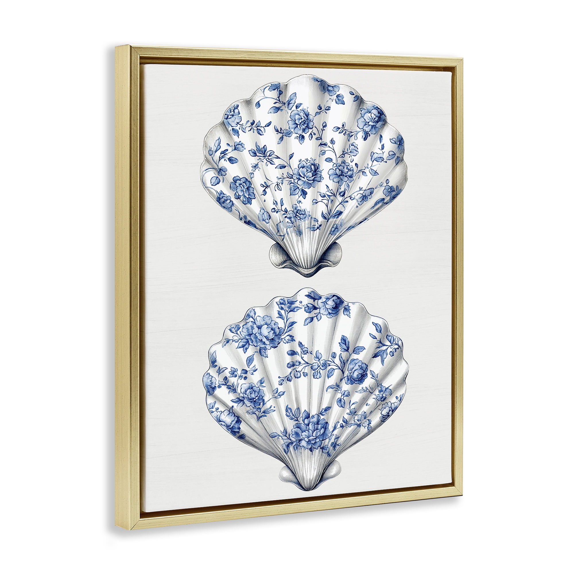 Delicate Toile Seashells Gold Framed Floater Canvas Wall Art, design by Lettered and Lined