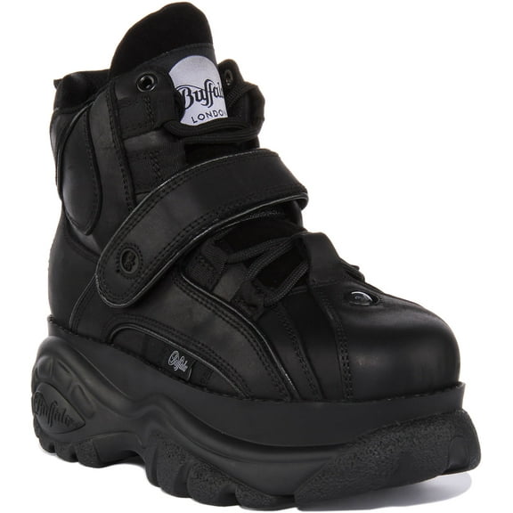 Buffalo 1348-14 2.0 Women's Lace Up Hook And Loop Leather Platform Trainers In Black Size 6