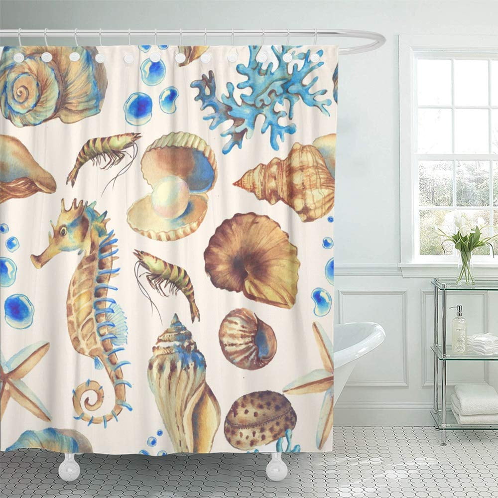 PKNMT Blue Seahorse Watercolor Sea Pattern with Shells Underwater