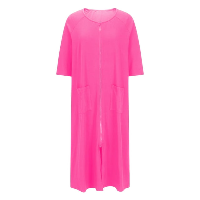 Robes for Women Zipper Front Soft Bathrobe Short Sleeve House Coat Long Nightgown With Pockets
