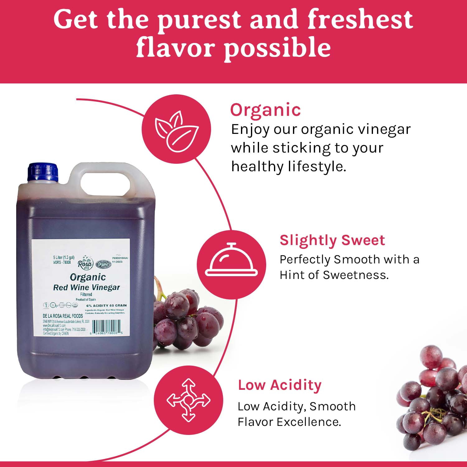 De La Rosa 613 Red Wine Vinegar, Filtered, Kosher, Non-GMO, Gluten-Free, 5 Liters