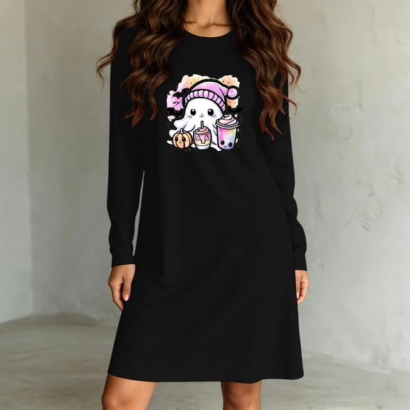 Taqqpue Womens Cotton Nightshirt Long Sleeve Crew Neck Halloween Zombie Print Loose Fit Knee Length Casual Pullover Soft Sleep Dress Oversized Sleepwear for Women Big Plus Sizes