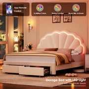 Homfa Full LED Bed Frame with Storage Drawers, Velvet Upholstered Bed with Adjustable Petal Headboard, No Box Spring Needed, Beige