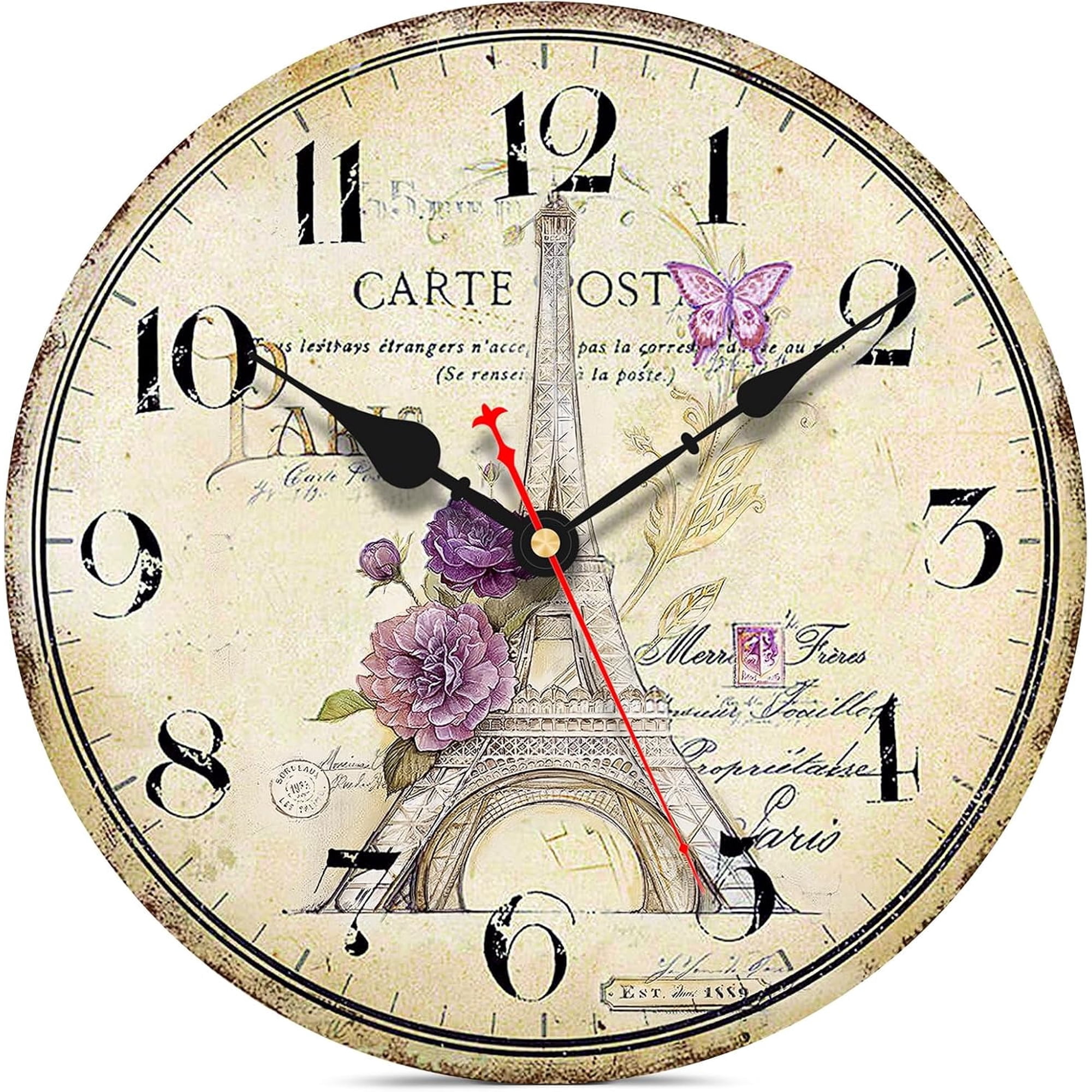 14 Inch Wall Clock, Vintage/Country/French Style Wooden Clock, Family Decoration Eiffel Tower Retro Wood Clock, Silent Non-Ticking Round Painted Paris Tower Floral Retro Style Hanging Clocks