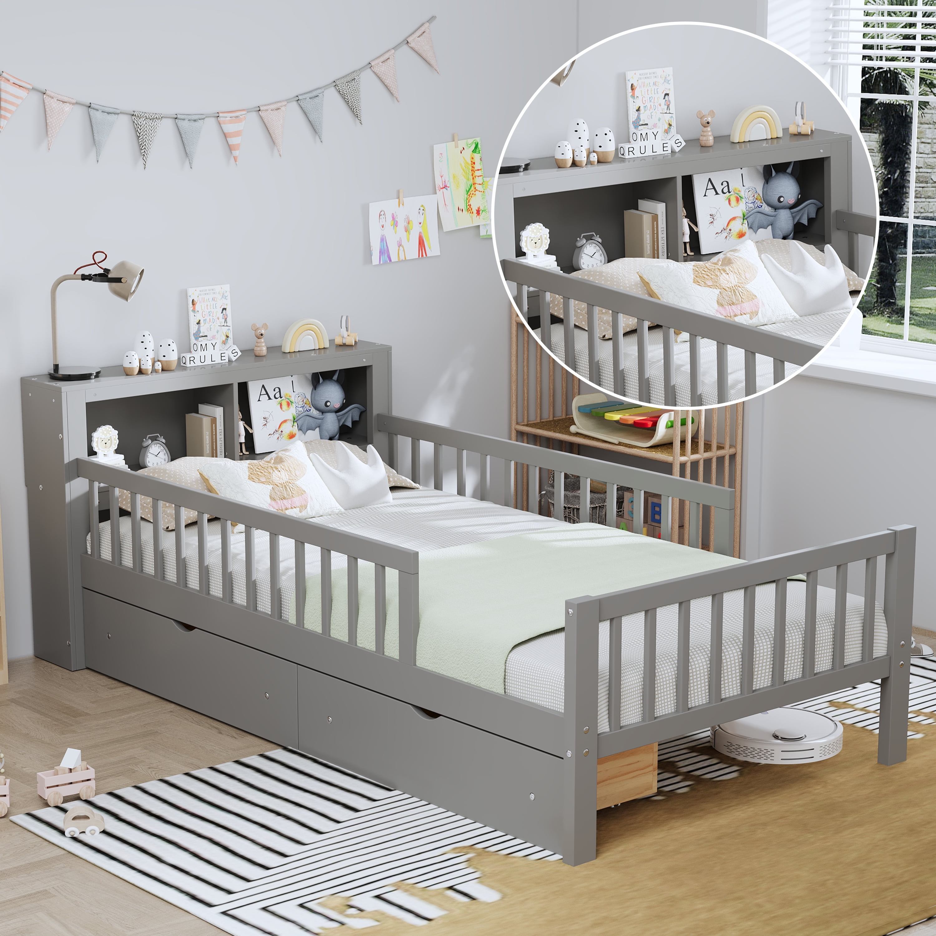 Euroco Wood Twin Size Platform Bed with Storage Headboard and Drawers, Low Profile Bed with Guardrails for Kids and Toddlers, Gray