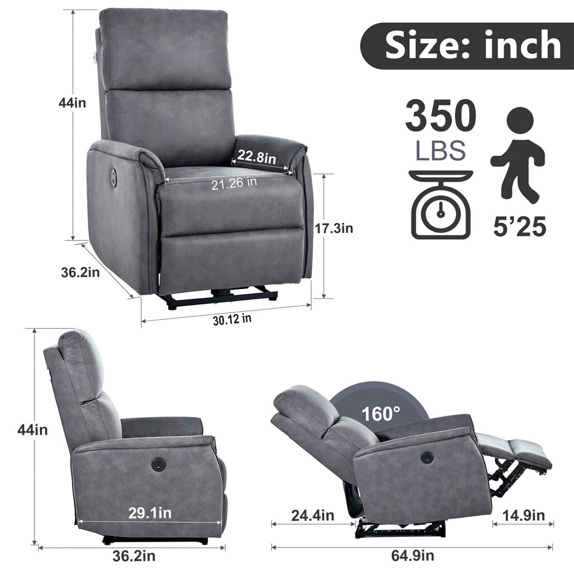 Kepooman Electric Power Recliner Chair, Upholstered Lounge Single Sofa, Home Theater Seating with USB Charging Ports for Living Room Bedroom, Dark Gray Kepooman Electric Power Recliner Chair, Upholstered Lounge Single Sofa, Home Theater Seating with USB Charging Ports for Living Room Bedroom, Dark Gray