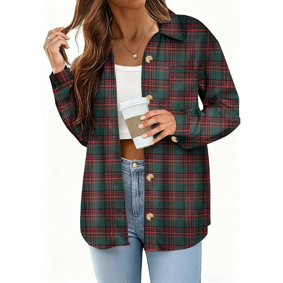 Chemise à Carreaux à Manches Longues pour Femme, Col à Revers, Cardigan Boutonné, Surchemises, Hauts, Chemisiers, Décontracté Automne Hiver, Coupe Ample, Surchemise en Flanelle pour le Travail, Bureau, Vacances, Voyage, Essentiel de Mode, Cadeau pour Femmes
