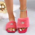 thumbnail image 6 of Women Fluffy Faux Fur Rhinestone Crown Square Open Toe Slide Slippers Hot Pink 8.5, 6 of 9