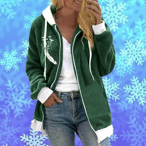 Somuwie Autumn and Winter Women's Long Sleeve Double-Faced Fleece Zipper Printed Hooded Jacket